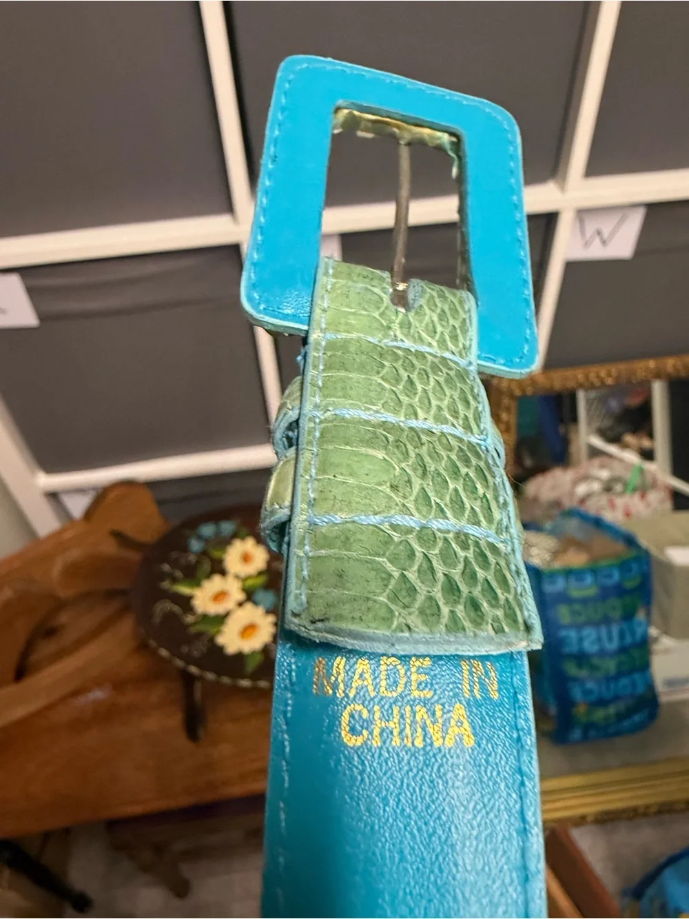 The Ritz Vintage Genuine Snakeskin Green Leather Belt with Turquoise Lining Lg